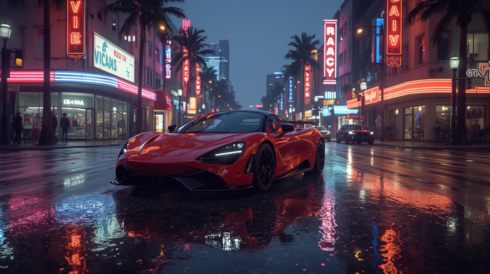 A vibrant, neon-lit cityscape representing Vice City in GTA 6