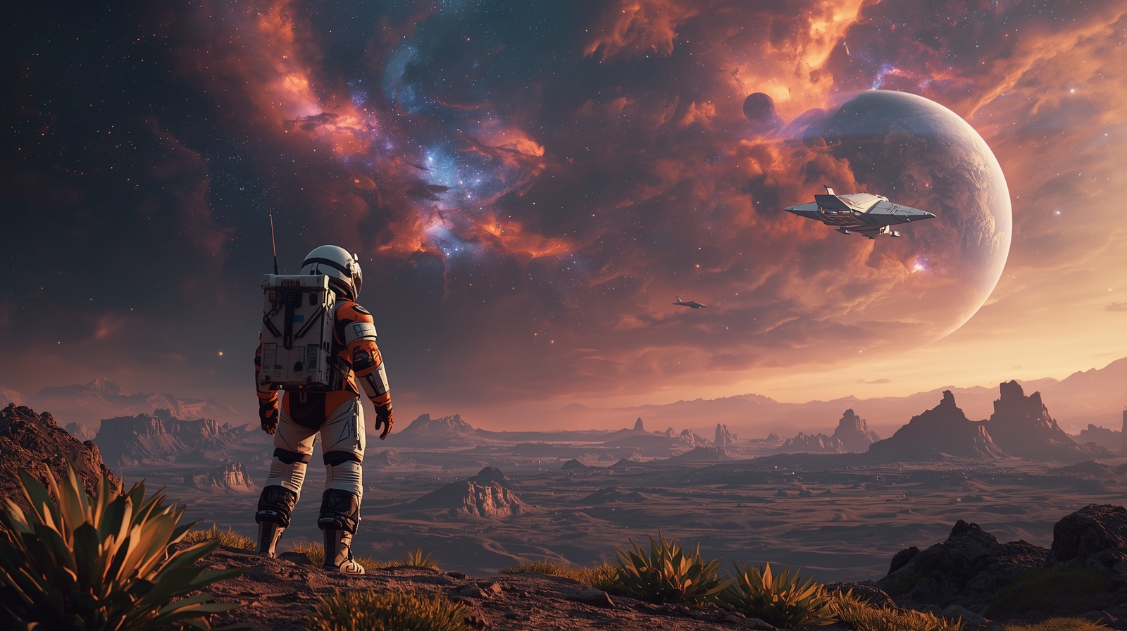A space explorer looking at a vast alien landscape with a spaceship