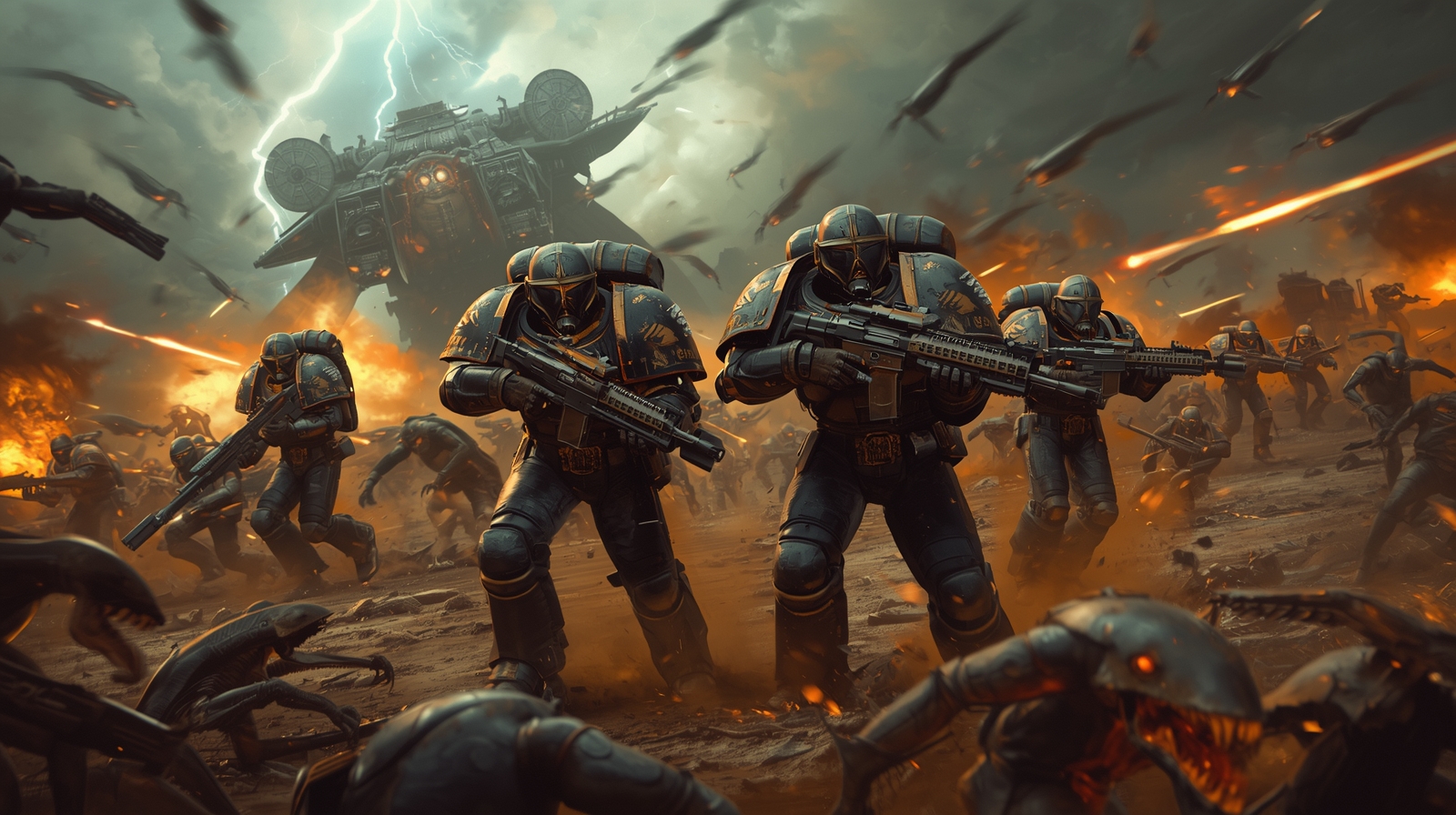Soldiers in a chaotic battle from Helldivers 2